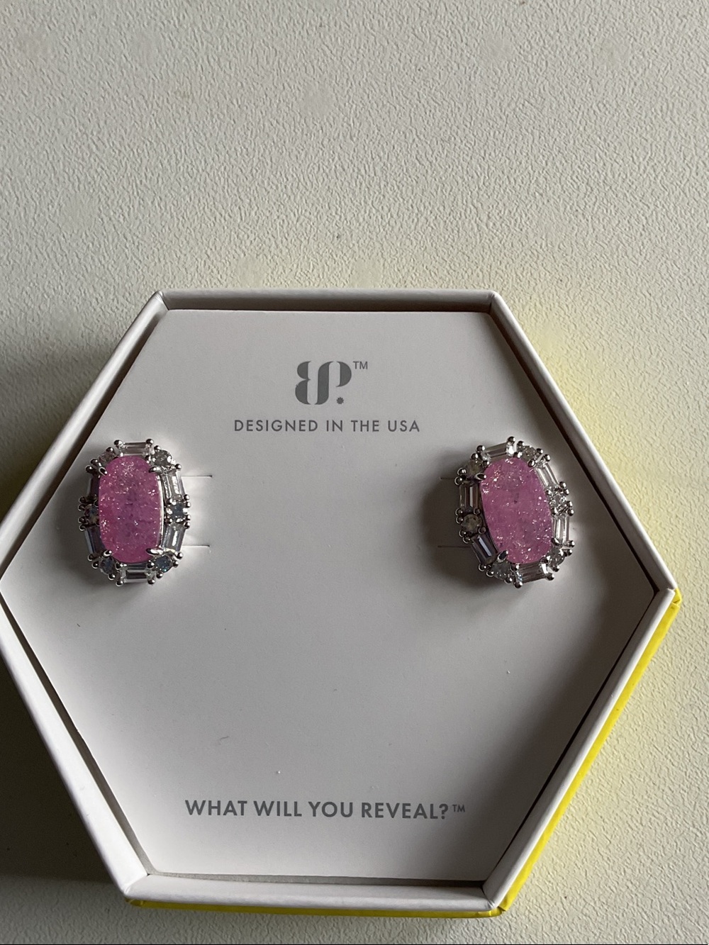 bp Pink Druzy Oval Stud Earrings with Silver Halo
